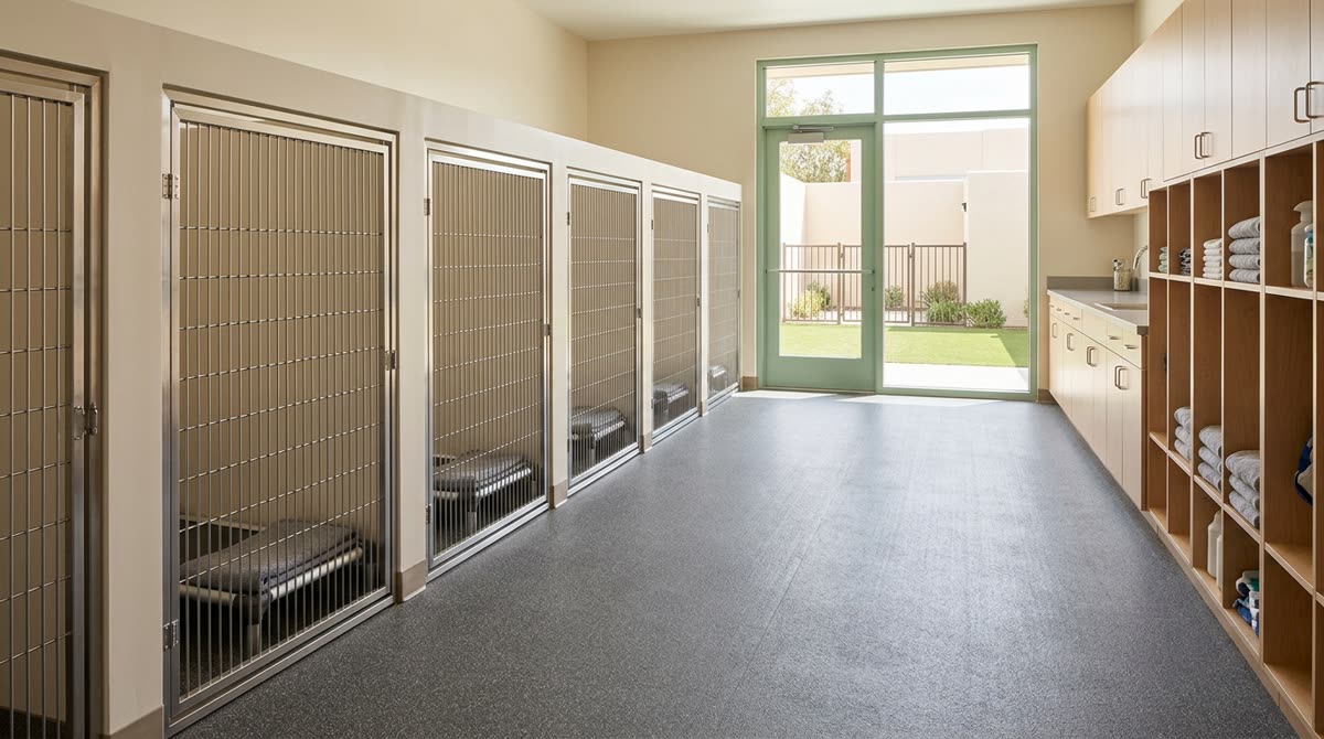 A bright boarding room with stainless kennel doors, raised cot beds and a door to a play yard.