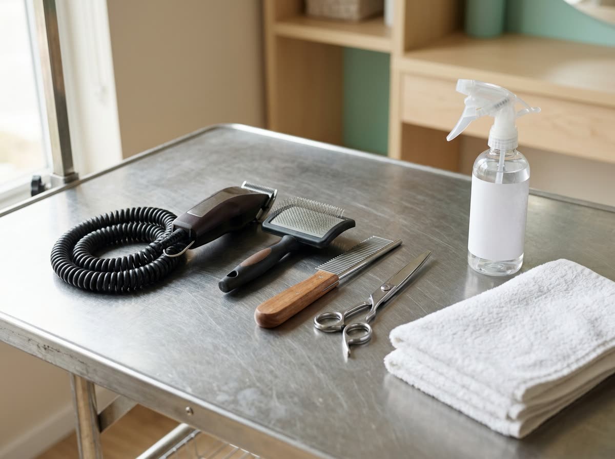 Clippers, a brush, a comb, scissors and folded towels laid out on a stainless grooming table.