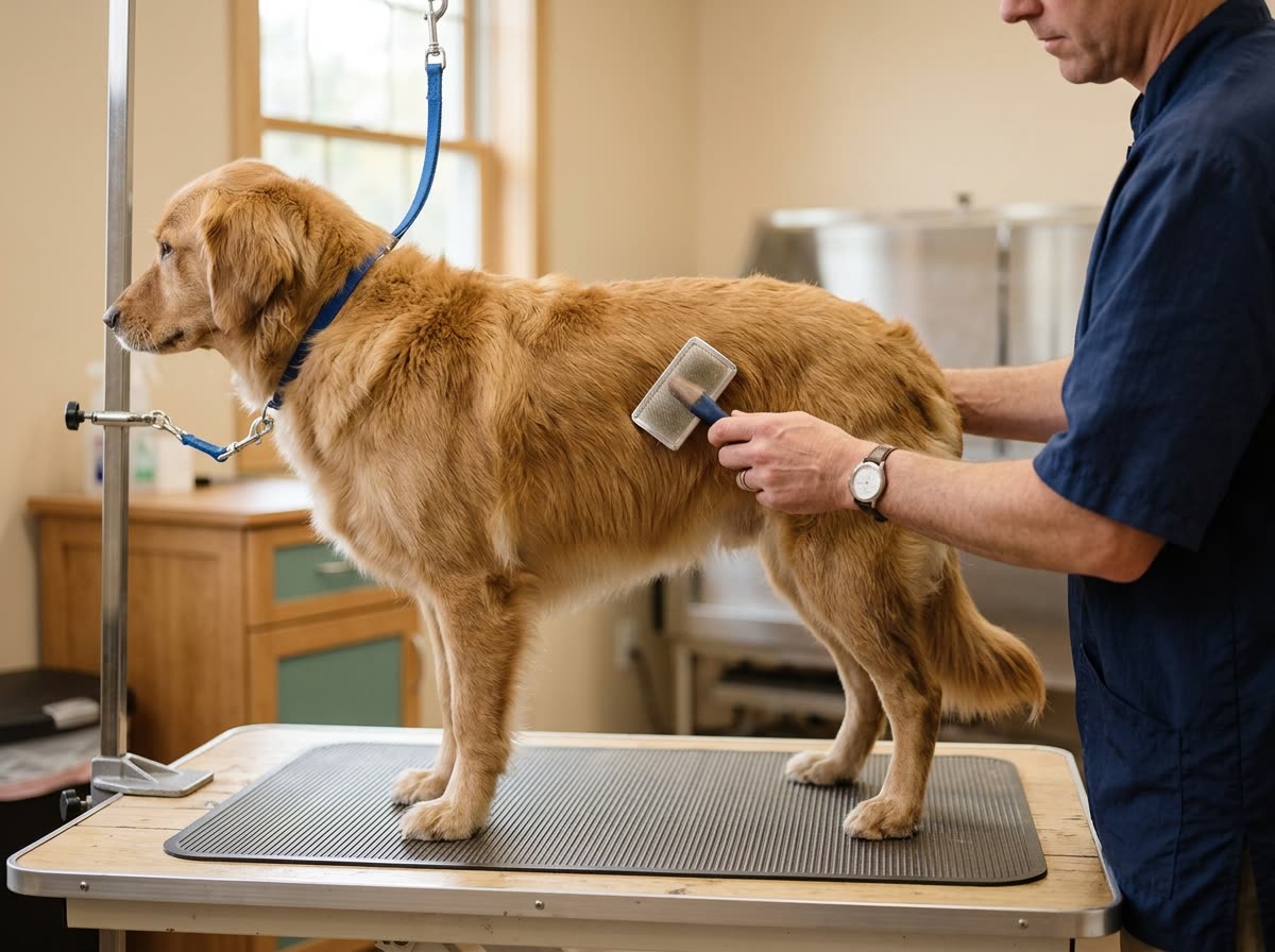 A groomer, cropped above the chin, brushing a calm dog standing on a grooming table.