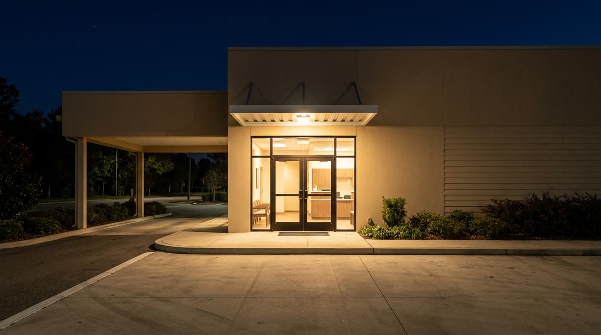 A plain glass clinic entrance under a lit canopy at night beside a covered drop-off lane.