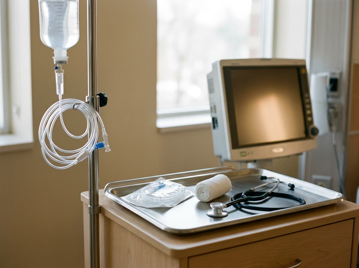 An IV pole, stethoscope and rolled bandage on a stainless tray beside a dimly glowing monitor.