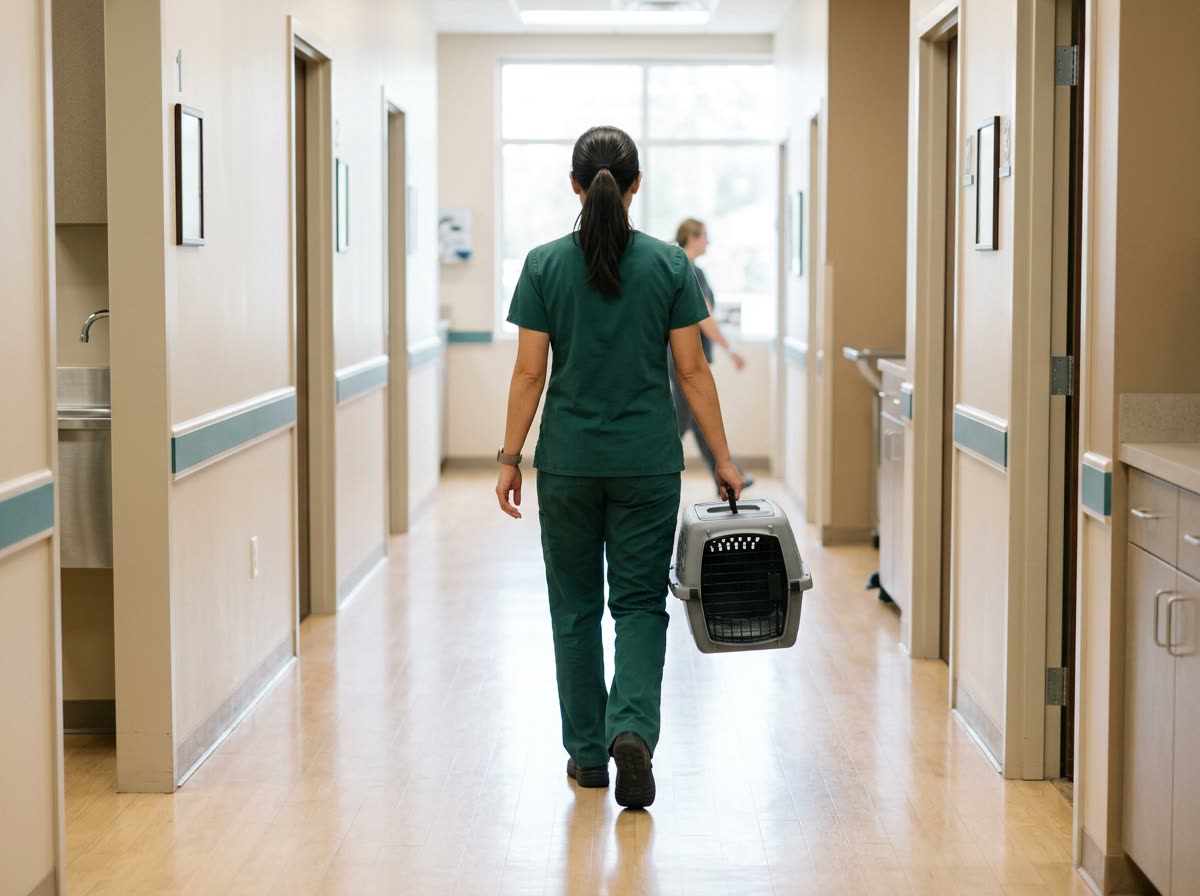A technician in scrubs walking away down a lit corridor carrying a covered pet carrier.
