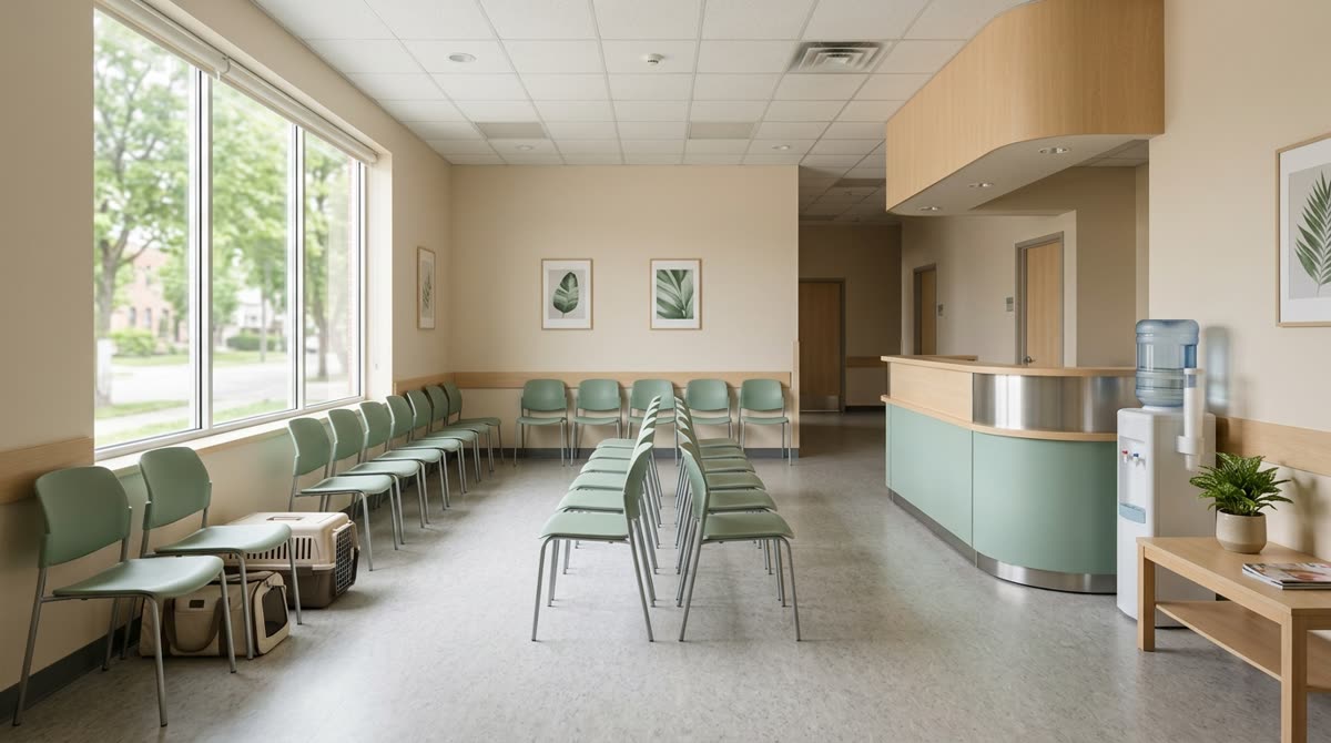 A modest clinic waiting room with molded chairs, a blank counter and pet carriers on the floor.