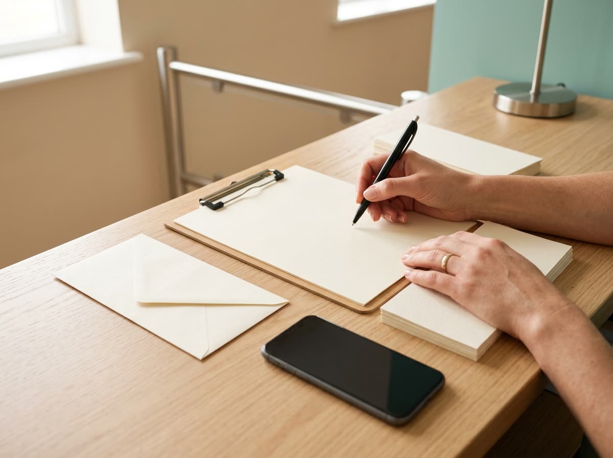 Hands holding a pen over a blank clipboard form beside an envelope and a face-down phone.