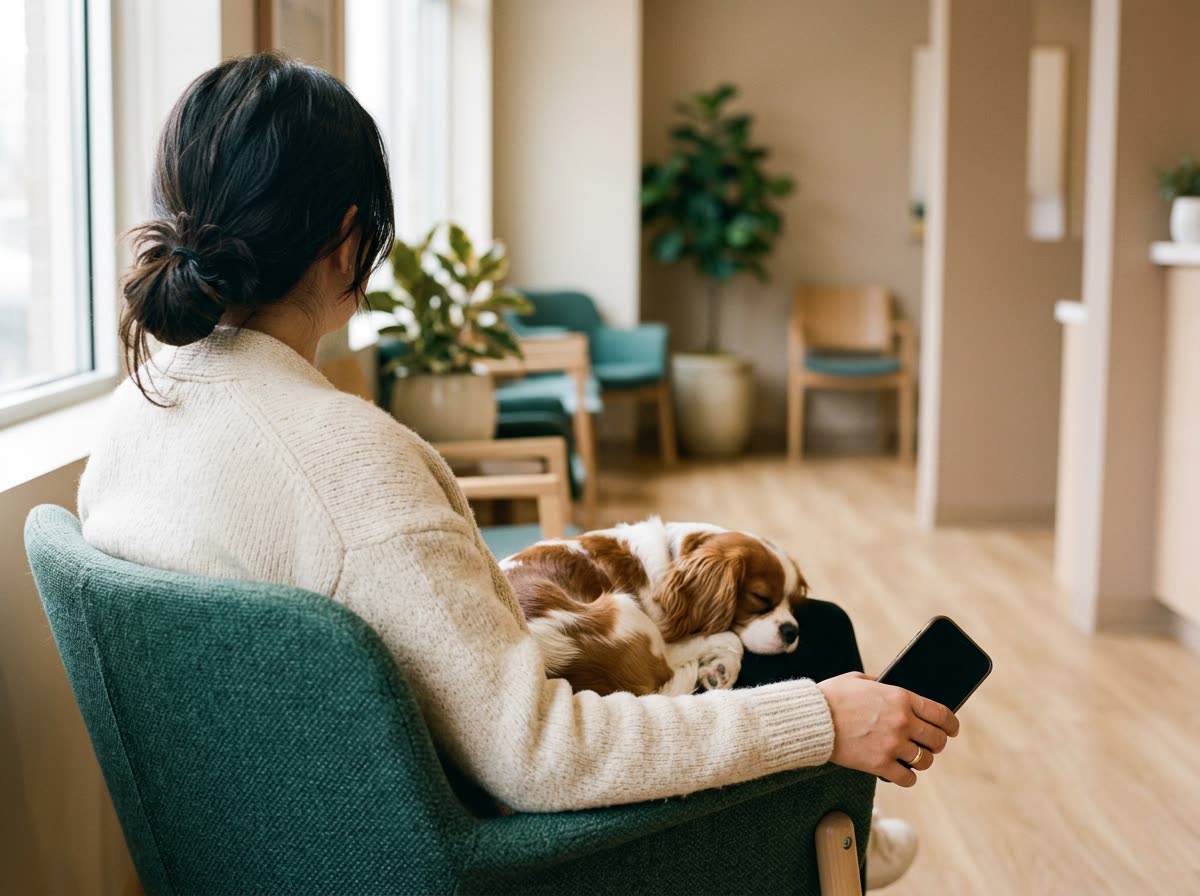 A person seen from behind in a waiting-room chair with a small dog on their lap.