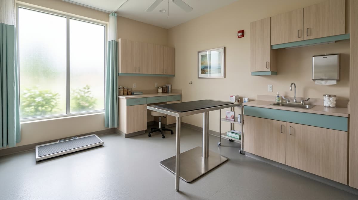 A simple exam room with a stainless table, laminate cabinets, a sink and a floor scale.