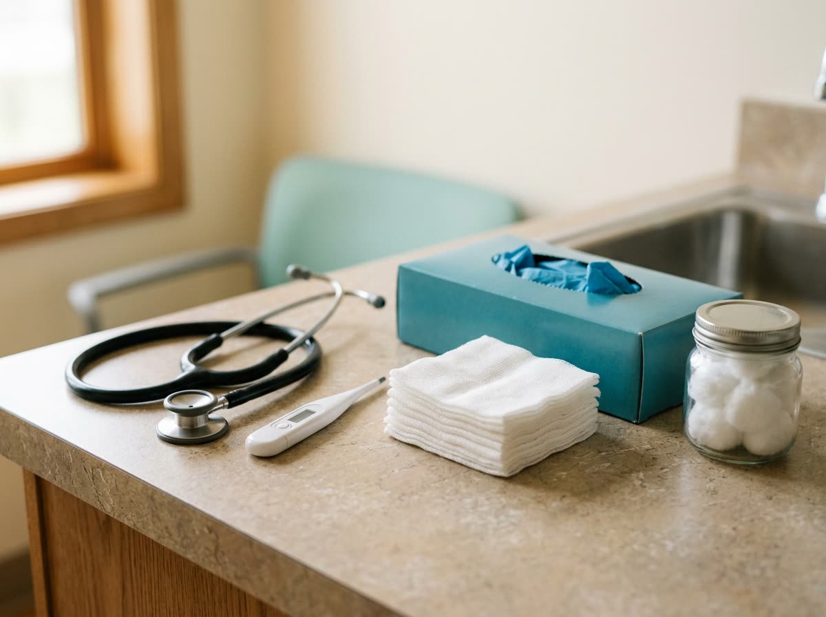 A stethoscope, thermometer, gauze, gloves and cotton balls arranged on a clinic counter.