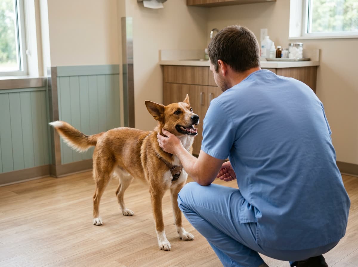 A veterinarian in scrubs crouched with their back to the camera, greeting a dog.