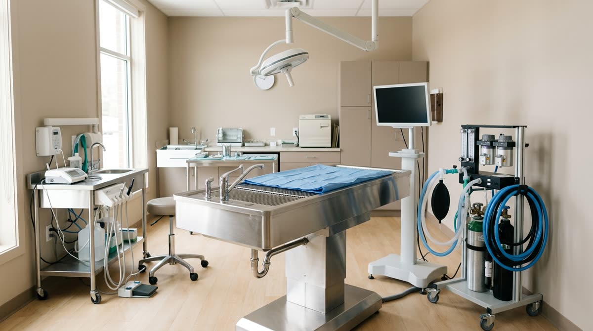 An empty veterinary dental suite with a stainless table, overhead lamp and scaler cart.