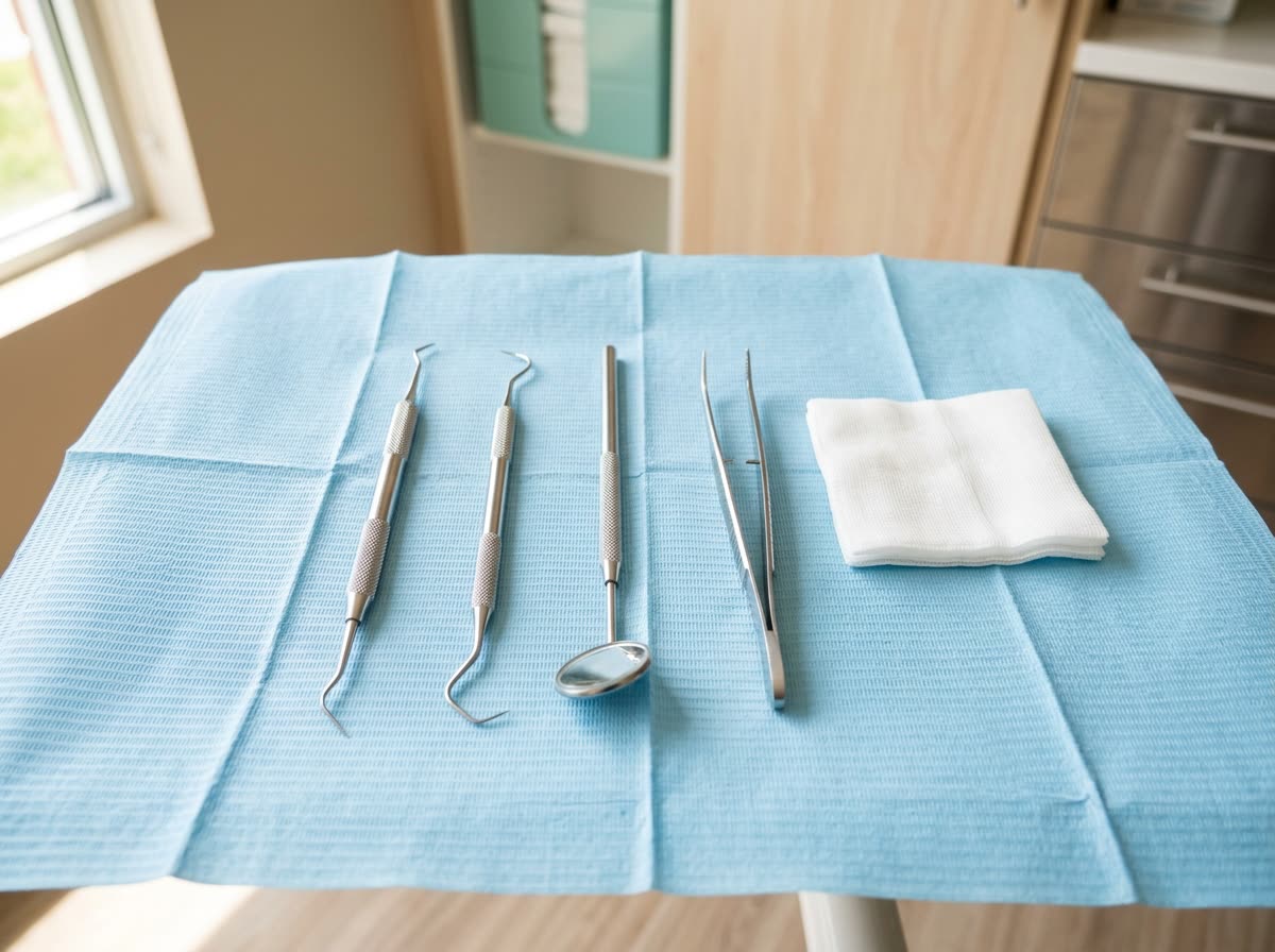 Stainless dental instruments and gauze arranged on a sterile blue drape.