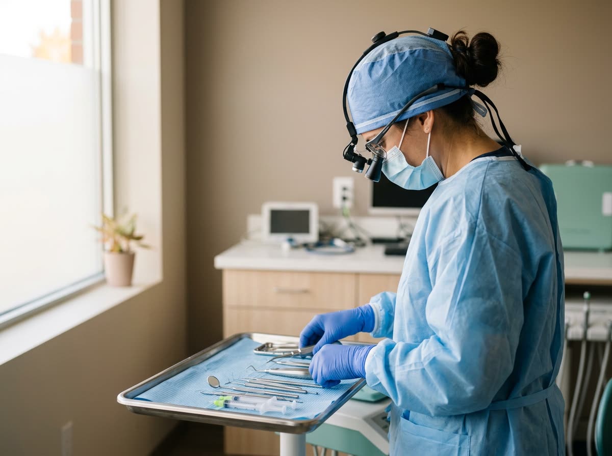 A masked, gowned professional in loupes, seen from behind, adjusting instruments on a tray.