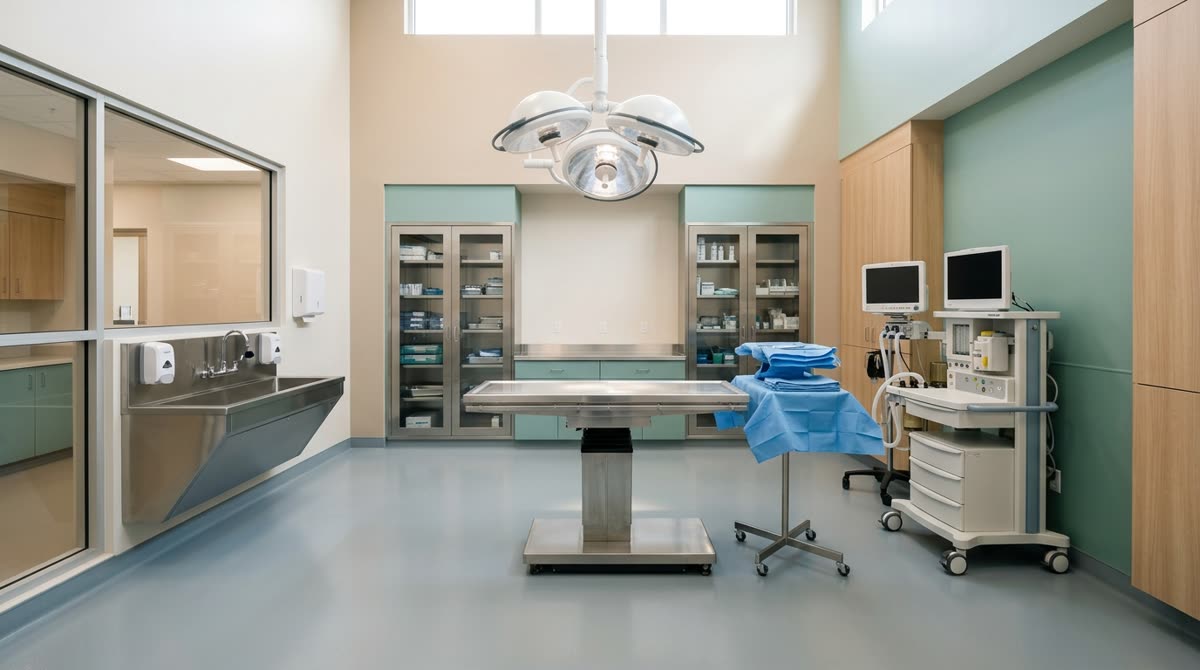 An empty veterinary surgical suite with a stainless table, overhead light and instrument stand.
