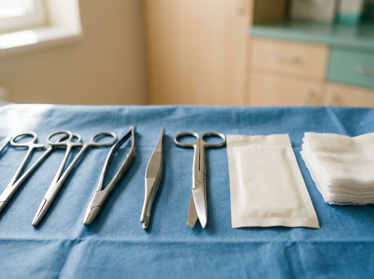 Surgical clamps, forceps and scissors laid in a row on a blue sterile drape.