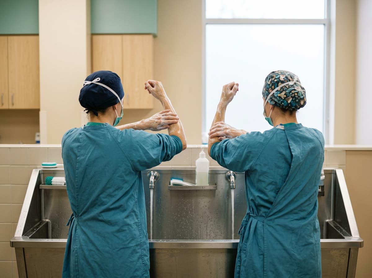 Two gowned staff seen from behind washing their forearms at a stainless scrub sink.