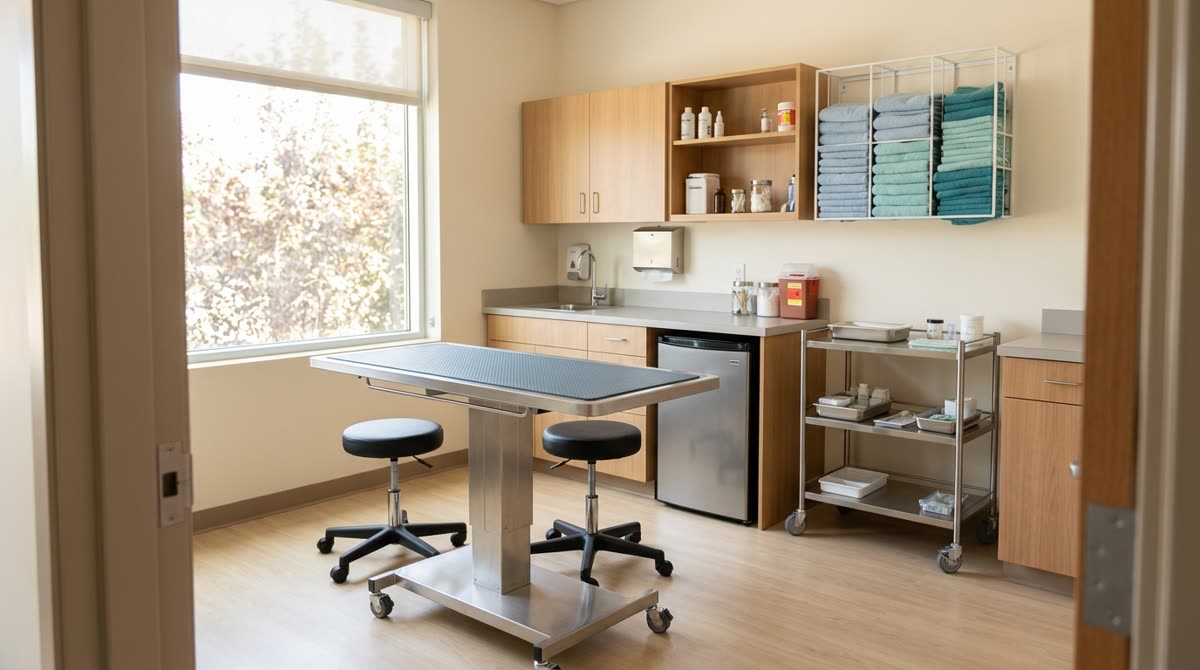 A tidy exam room with a stainless table, rolling stool, supply trolley and folded towels.