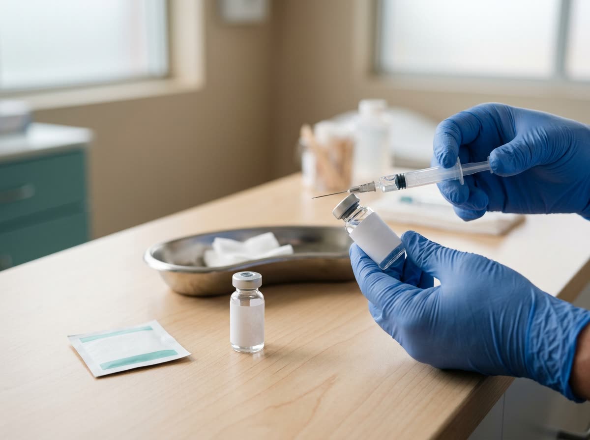 Gloved hands drawing a syringe from a plain unlabeled vial beside a swab and kidney dish.