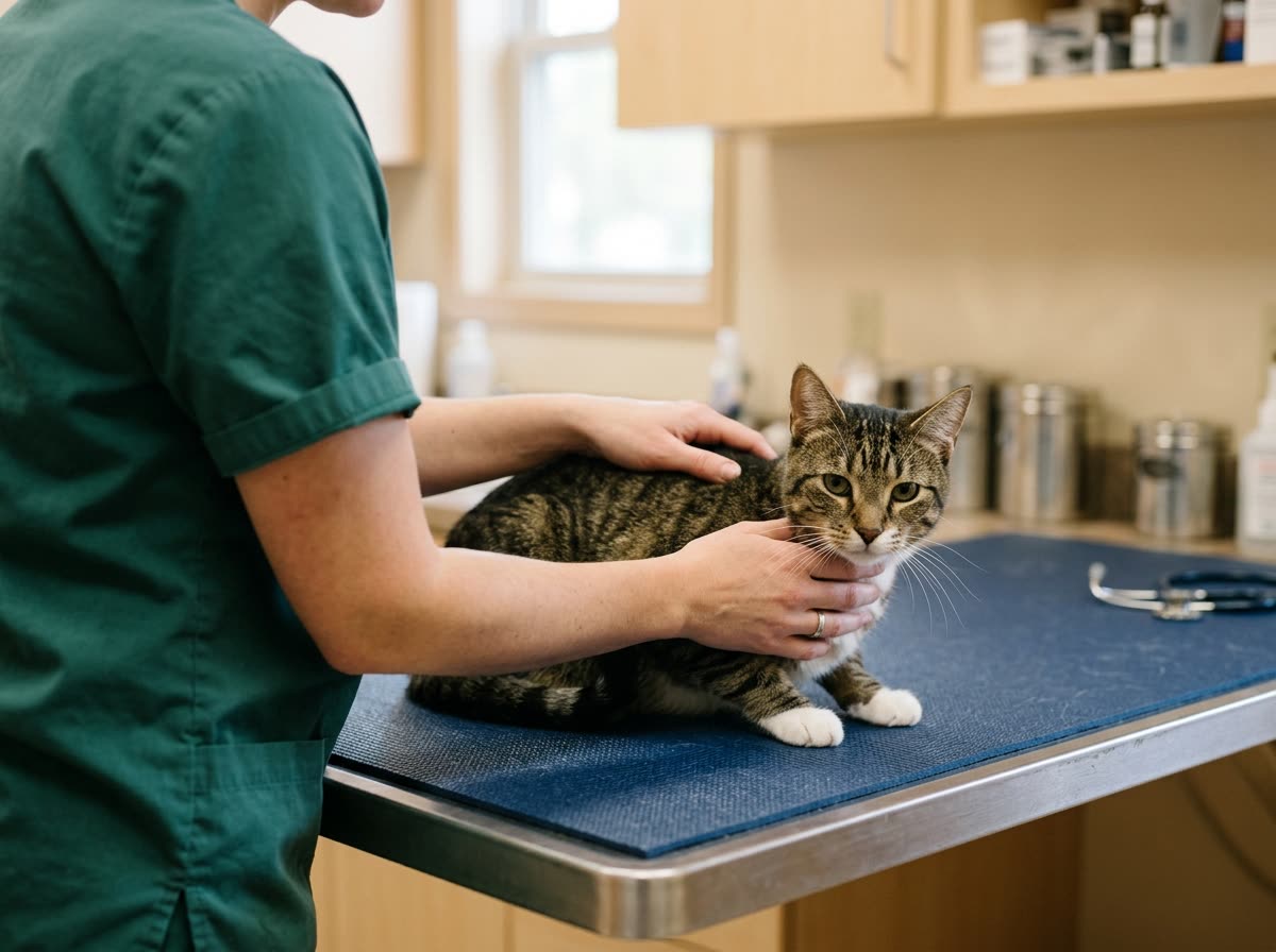 A technician's hands gently steadying a calm cat on a non-slip mat on an exam table.