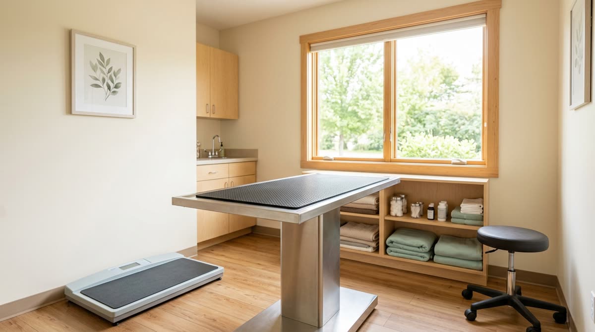 A bright exam room with a stainless table, floor scale, shelving of blankets and a window.