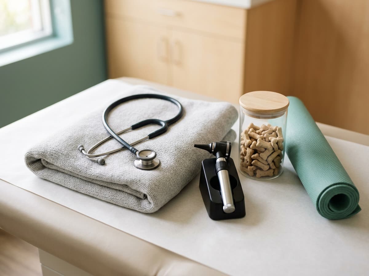 A stethoscope and otoscope resting on a folded blanket on an exam table.