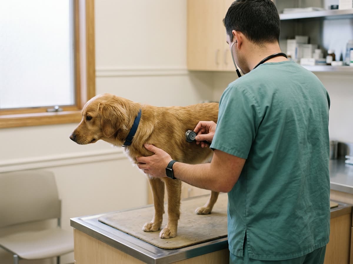 A veterinarian, cropped at the jaw, holding a stethoscope to a relaxed dog on an exam table.